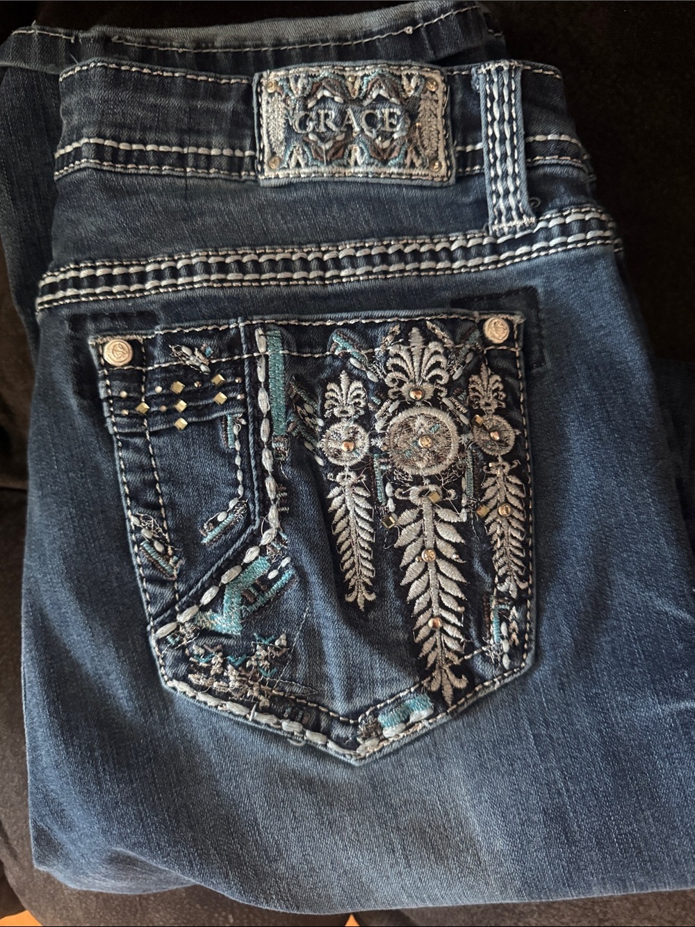 Grace in LA Dark Blue Bootcut Jeans with Embroidered Pocket